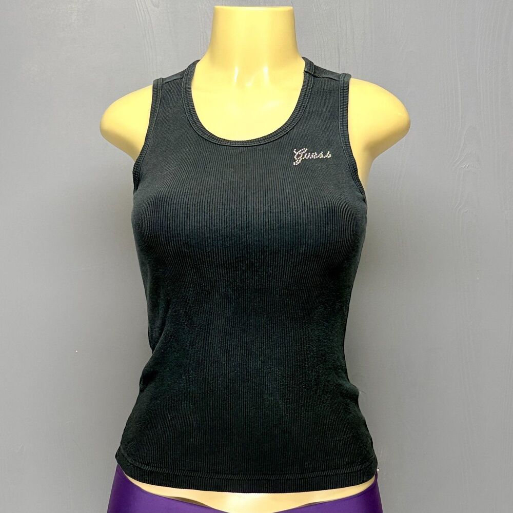 Black Guess Jeans Authentic Ribbed Tank | Rhinestone Script | L/G Vintage Y2K